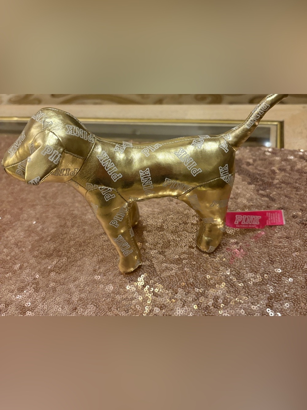 Victoria’s Secret PINK gold metallic dog w/allover logo